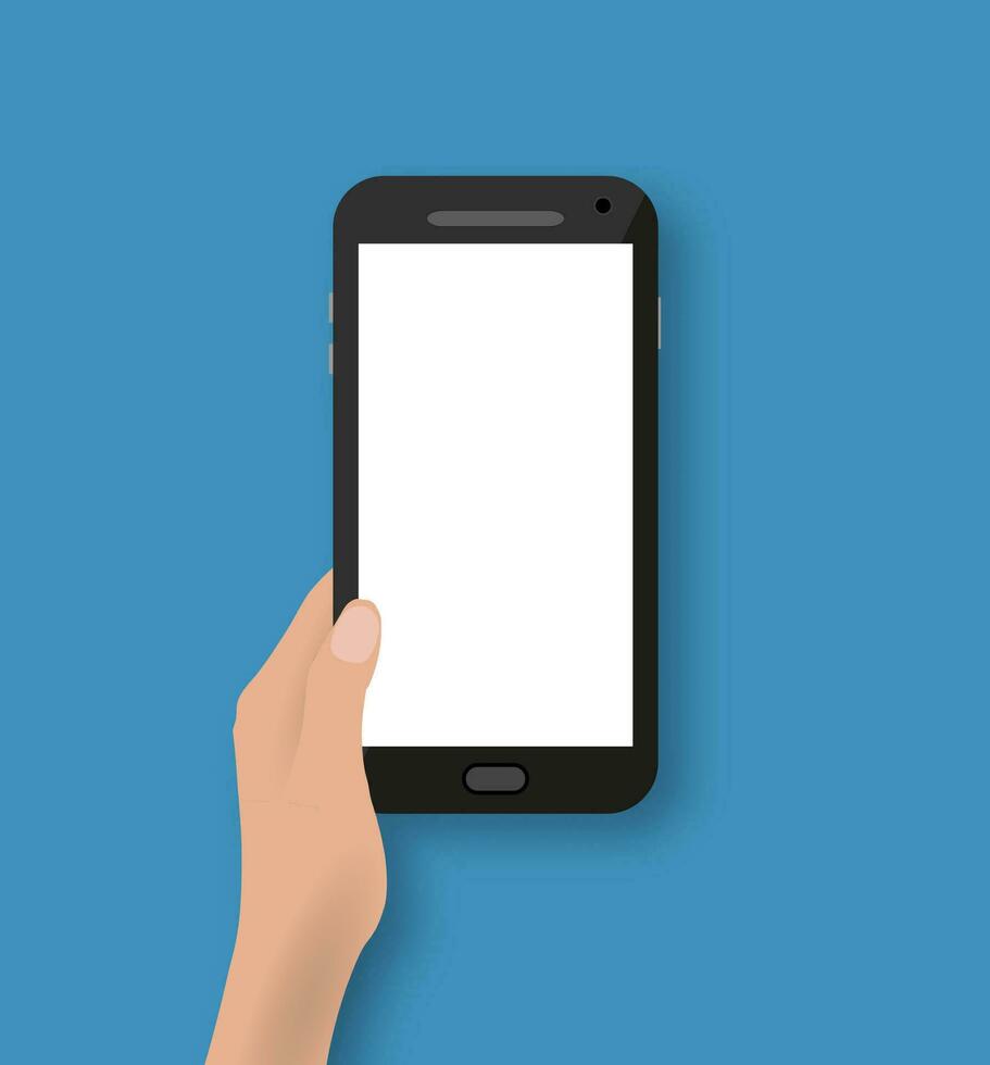 Hand holding black touch phone at blue backgound with shadows. Vector illustration in flat design. Concept for web design, promotion templates, infographics. vector illustration