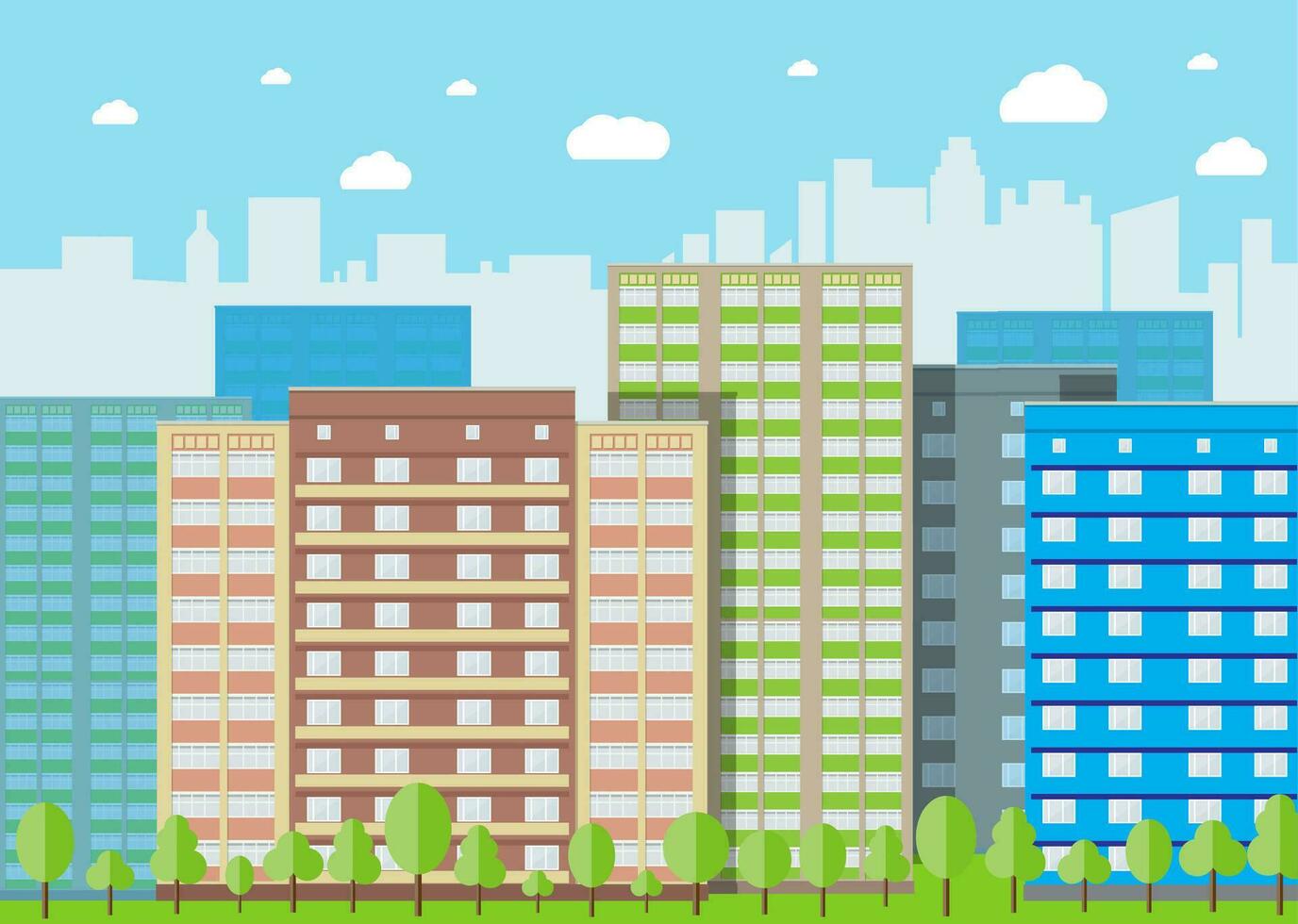 Modern City View. Cityscape with office and residental buildings, trees, blue background with clouds. vector illustration in flat style