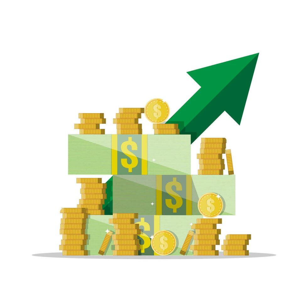 efectivo crecimiento. verde flecha. dólar efectivo y dorado monedas vector ilustración en plano estilo aislado en blanco