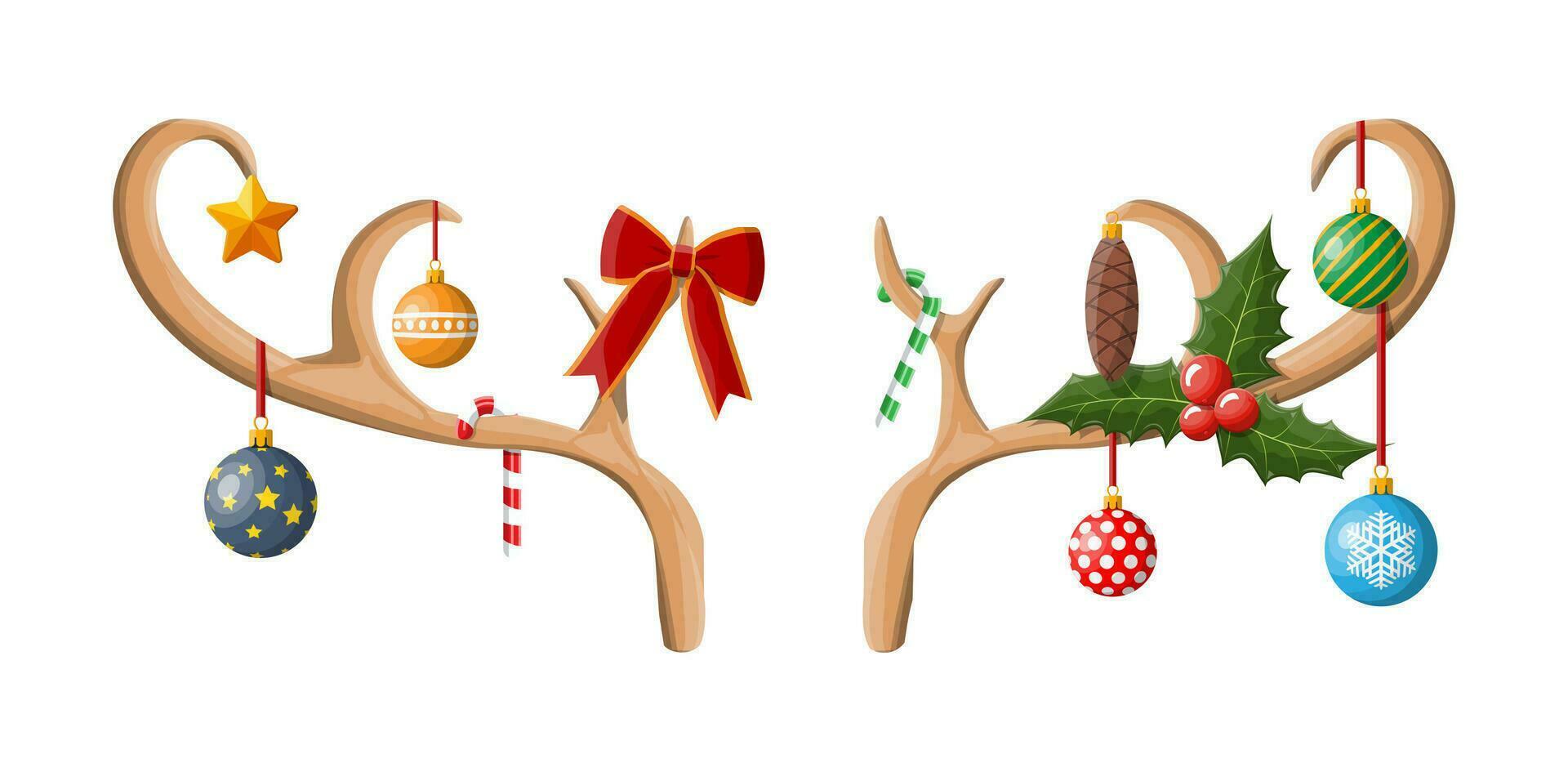 Reindeer antler with balls, bow, holly. Happy new year decoration. Merry christmas holiday. New year and xmas celebration. Vector illustration in flat style