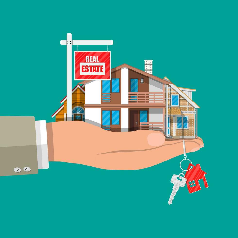 Suburban family house set in hand. Countryside wooden and brick house icon. Key. For sale placard. Real estate. Vector illustration in flat style
