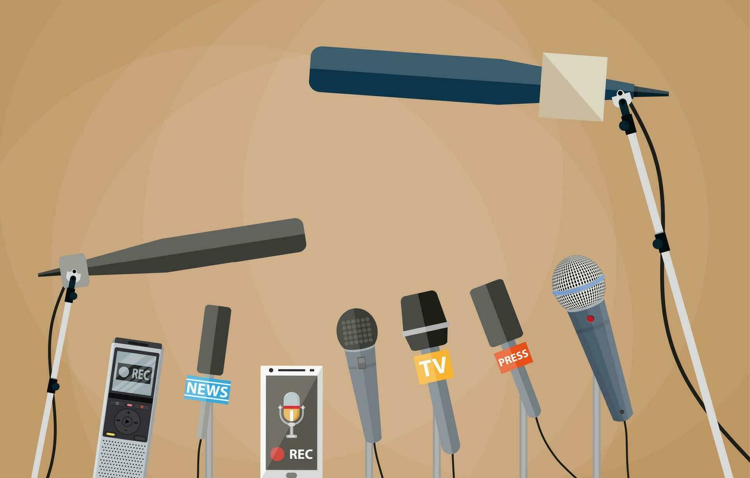 Microphones, tape recorder and smartphone with voice recorder app. journalism, live report, hot news, television and radio casts concept. vector illustration in flat style, brwon background