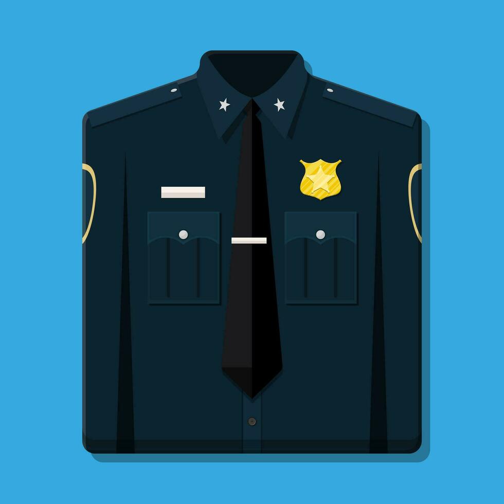 Folded blue policeman uniform with badge. Vector illustration in flat style