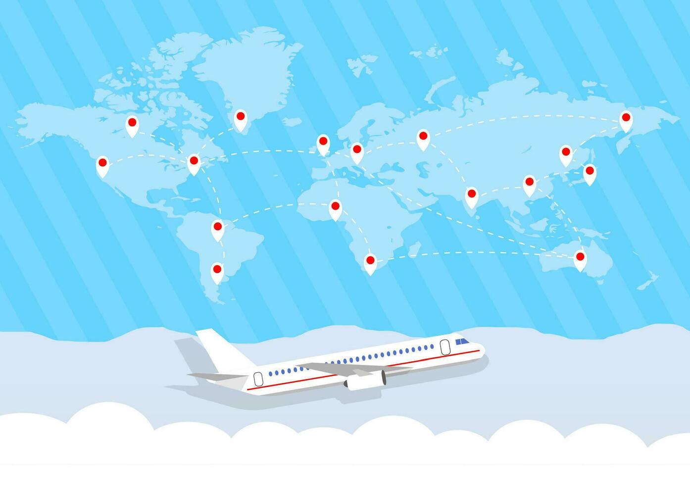 World map with routes and airplane in clouds. vector illustration in flat design. travel concept