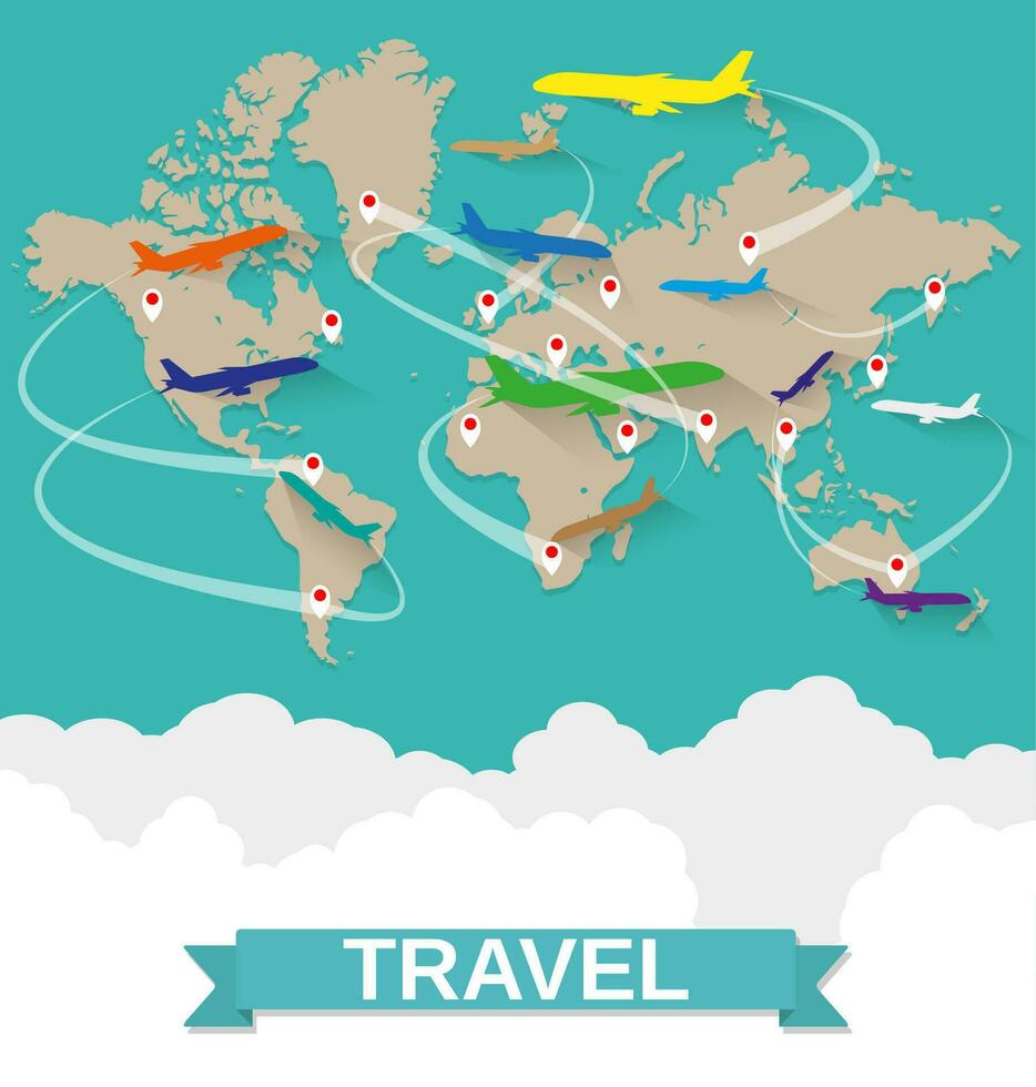 World map with routes airplane, clouds with sign on green background. vector illustration in flat design. travel concept