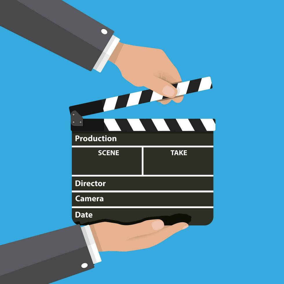 Black opened clapperboard in hands. Movie clapper board. vector illustration in flat style on blue background