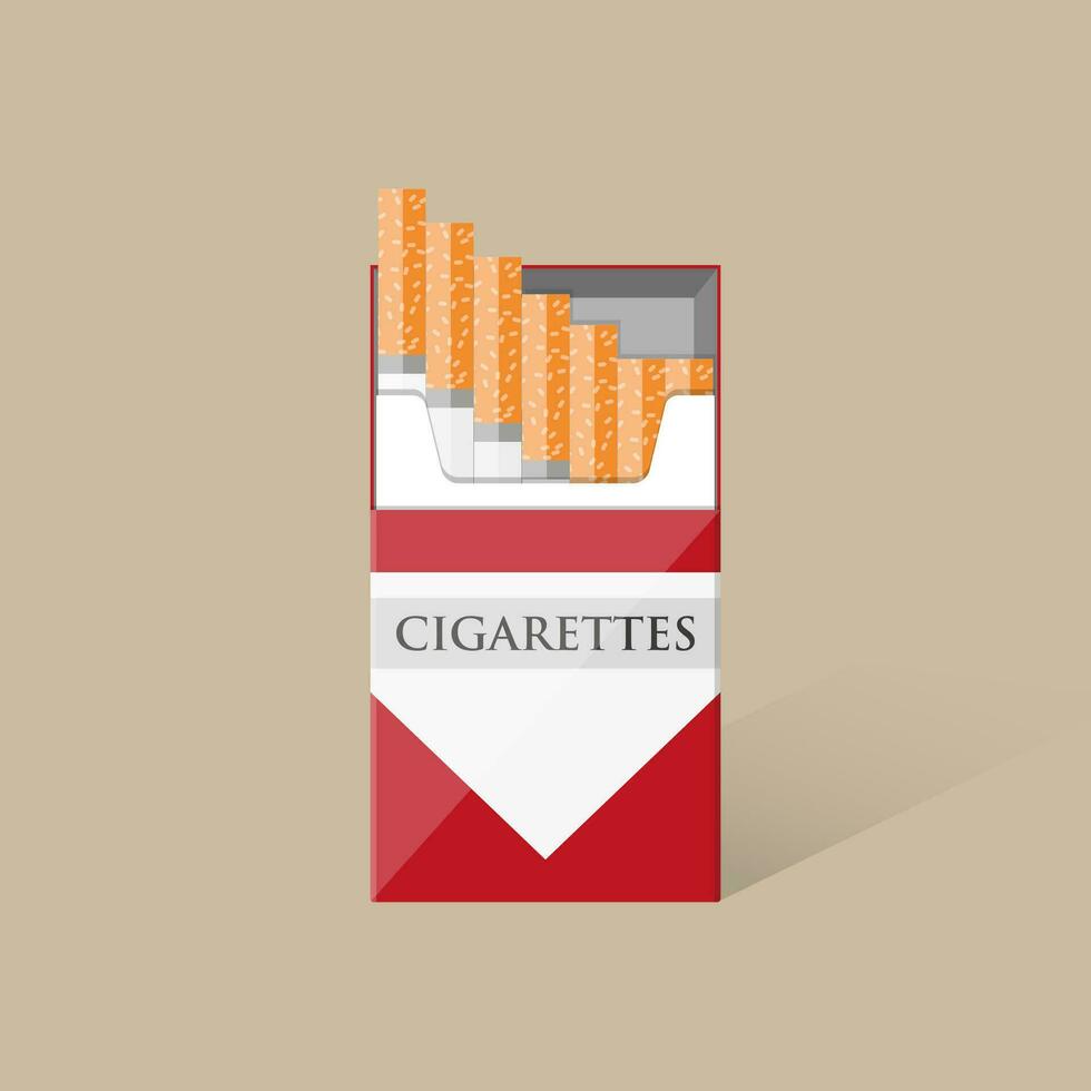 abierto blanco rojo cigarrillos paquete caja con sombra. vector ilustración en plano diseño en marrón antecedentes