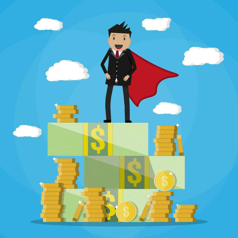 Happy super businessman standing on huge pile of money. Stacked dollar bills and coins. vector illustration in flat style on green background