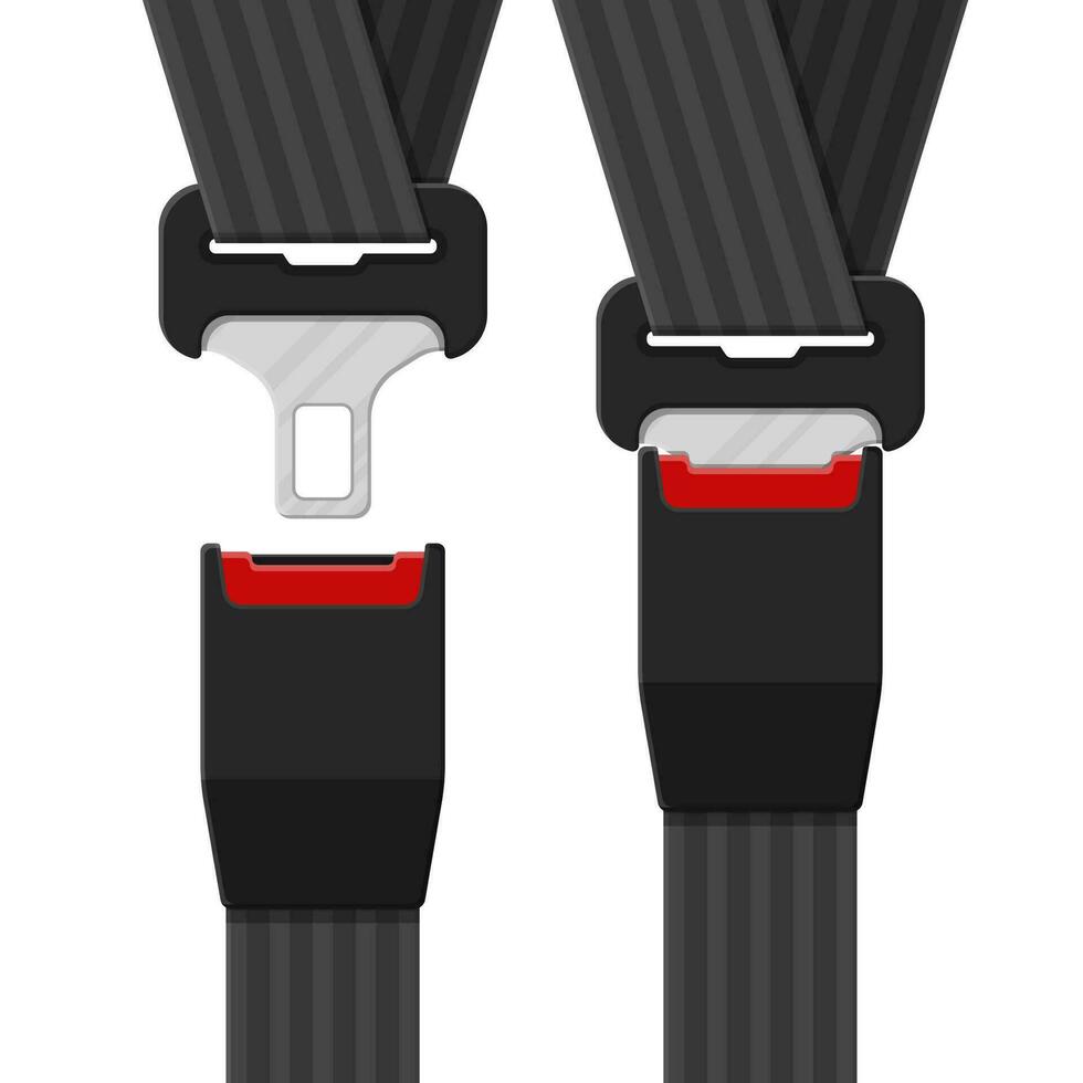 Open and closed safety belt. Seat belt for protection. Lifesaver. Safety equipment for car and plane. Vector illustration in flat style