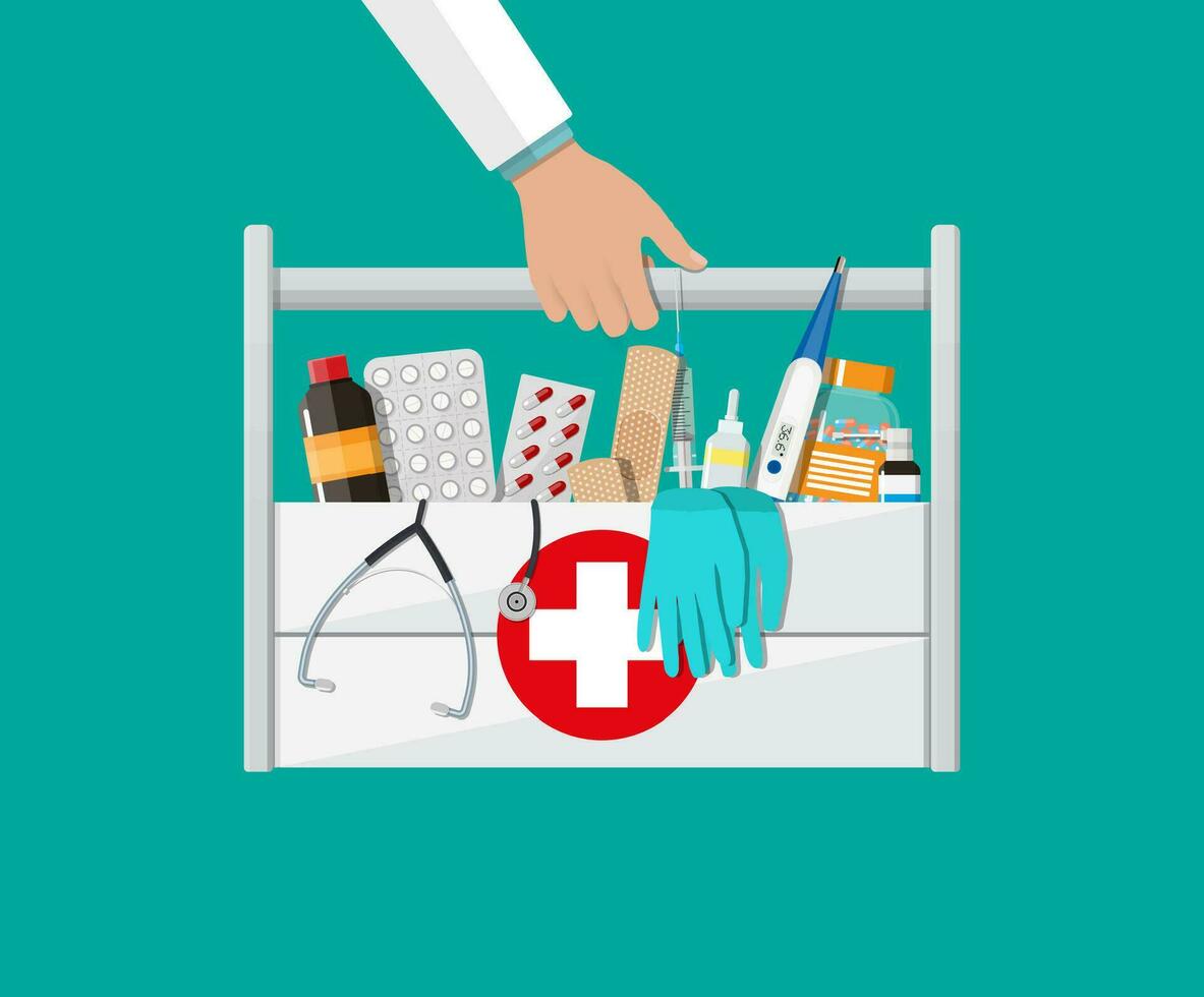 Mediacal first aid kit in doctors hands with different pills and medical devices, Pill and care healthy, healthcare. vector illustration in flat style isolated on green background