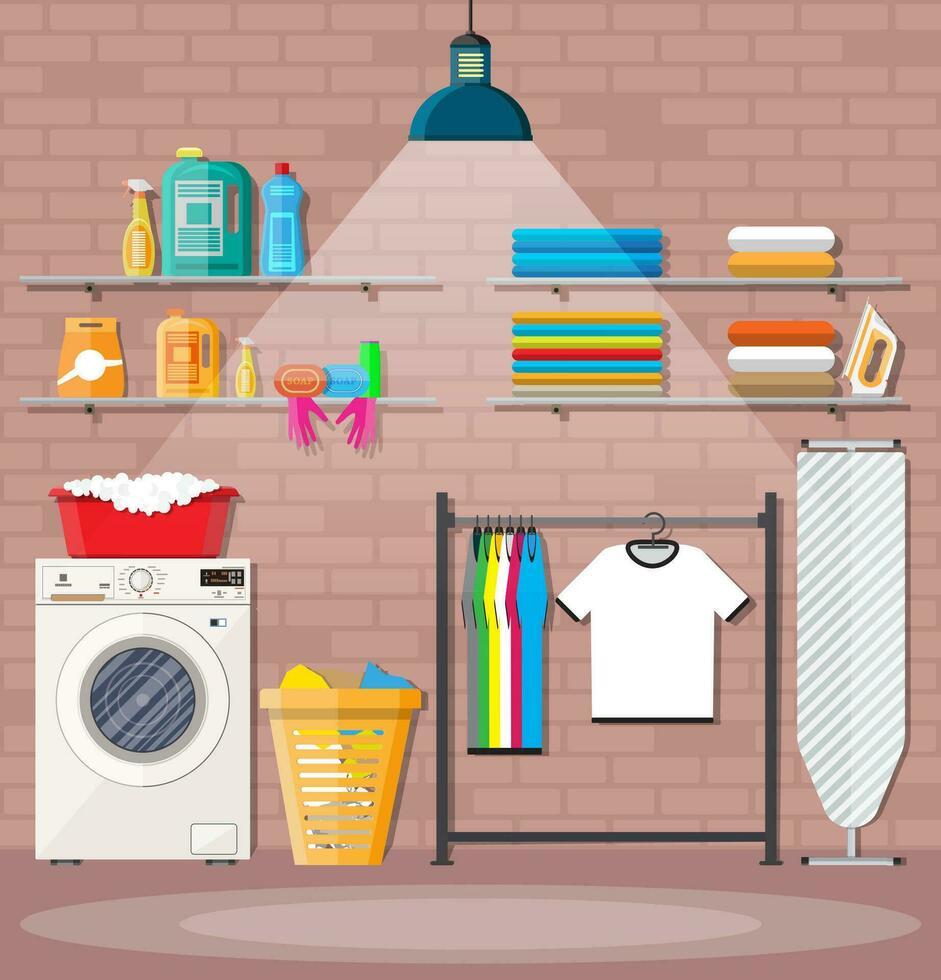 Laundry room with washing machine, ironing board, iron, clothes rack, household chemistry cleaning, washing powder and basket. Brick wall and lamp. Vector illustration in flat style