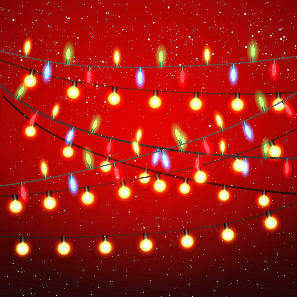 Yellow red green blue garland and bulbs at black strings on red background with snow. template for greeting or postal card, vector illustration