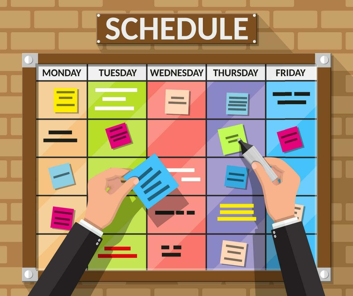 Bulletin board hanging on brick wall full of tasks on sticky note cards and hands. Development, team work, agenda, schedule, to do list. Vector illustration in flat style