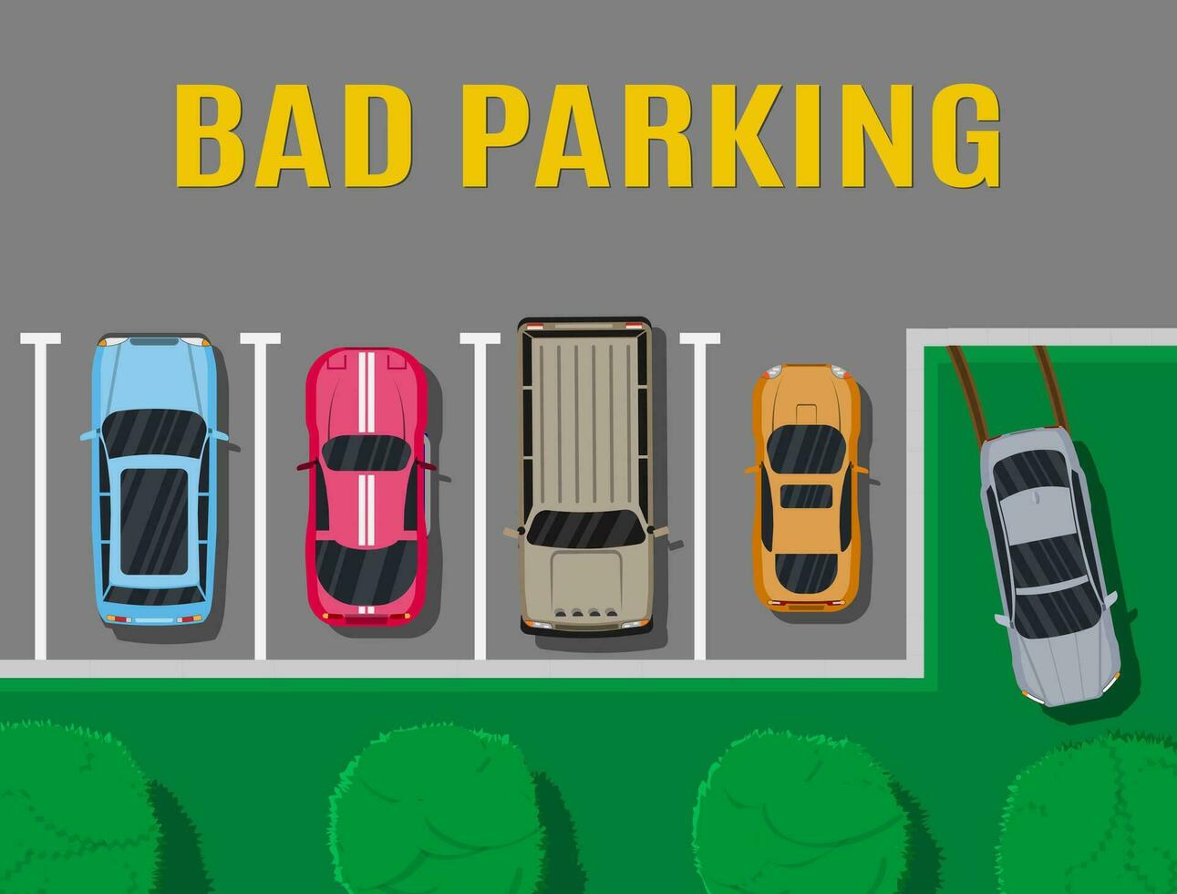 City parking lot with different cars. Shortage parking spaces. Parking zone top view with vehicles. Bad or wrong car parking. Traffic regulations. Rules of the road. Vector illustration in flat style