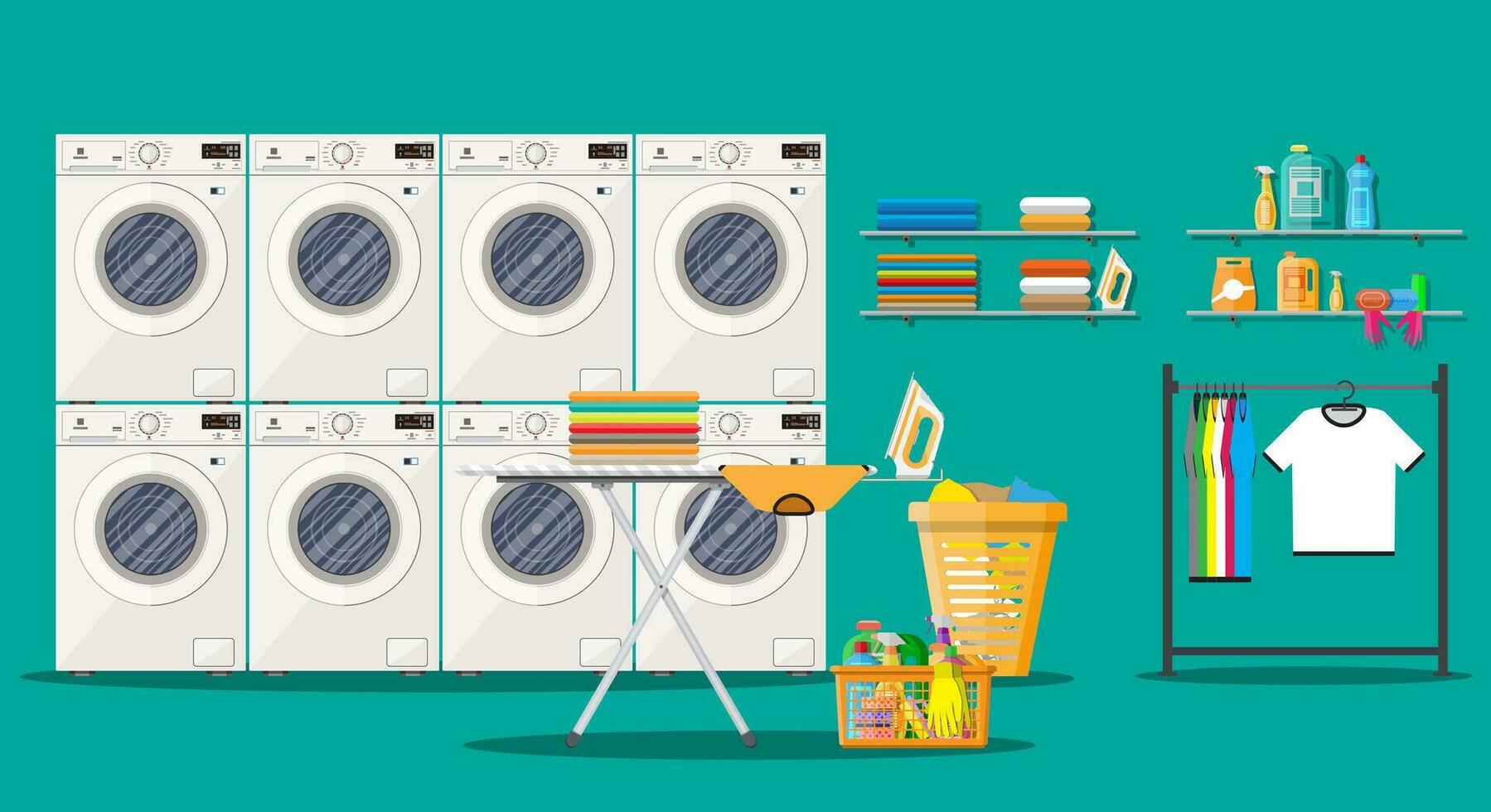 Laundry room interior with washing machine, ironing board, iron, clothes rack, household chemistry cleaning, washing powder and basket. Vector illustration in flat style