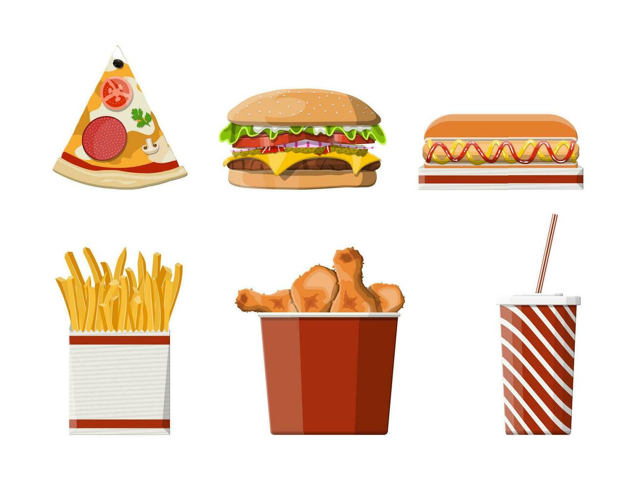 Tasty burger, red striped paper glass with drinking straw, french fries in white paper box, chicken legs in bucket, pizza and hotdog. Fast food. Vector illustration in flat style