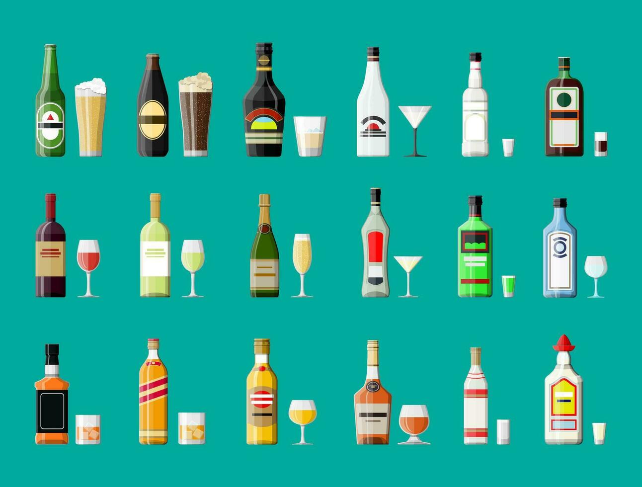 alcohol bebidas recopilación. botellas con lentes. vodka champán vino whisky cerveza brandy tequila coñac espíritu Vermut Ginebra Ron Ajenjo Sambuca sidra Borbón. vector ilustración en plano estilo.