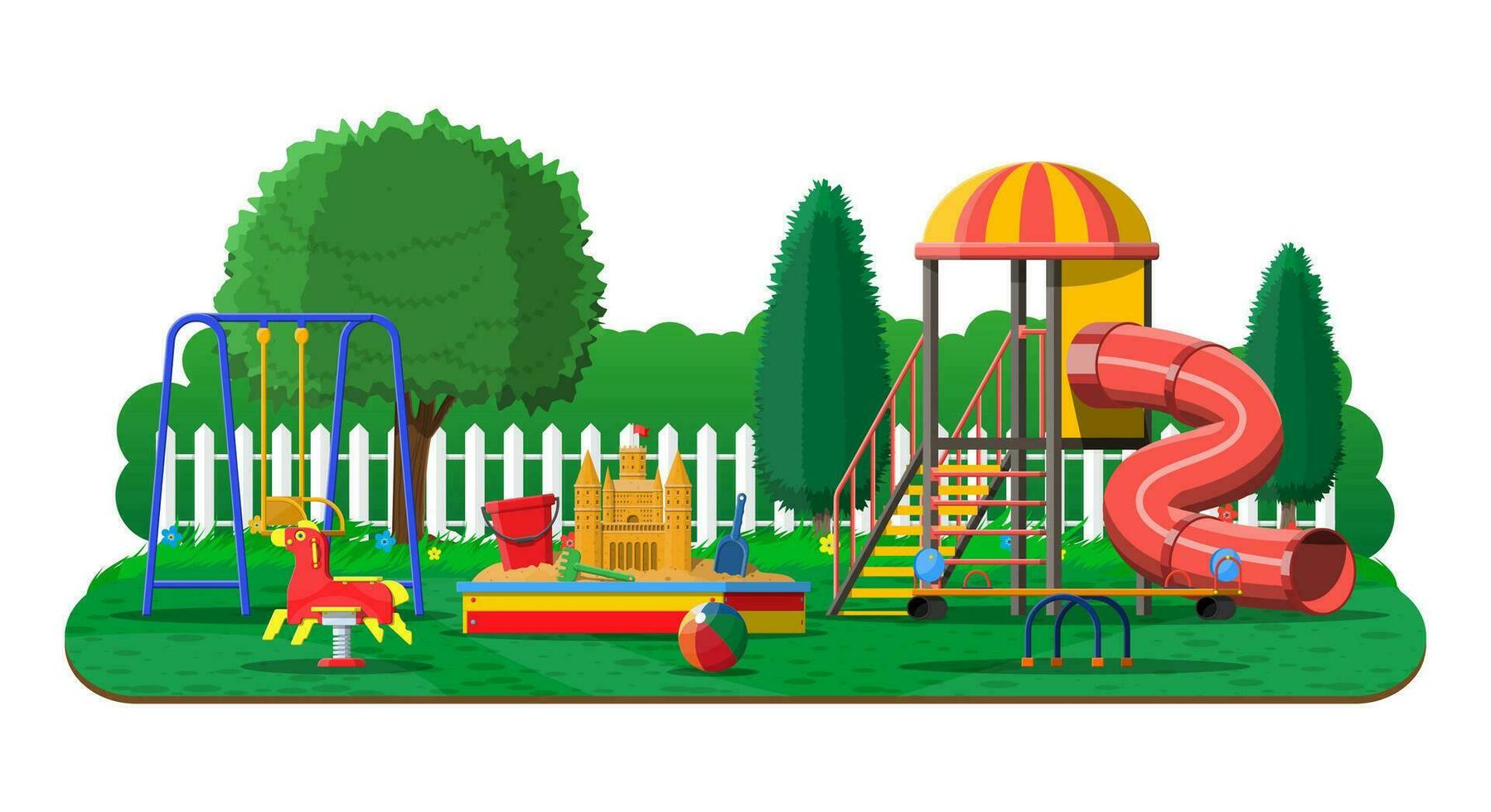 niños patio de recreo jardín de infancia panorama. urbano niño diversión. diapositiva escalera, balanceo juguete en primavera, diapositiva tubo, columpio carrusel balancín, salvadera Cubeta rastrillo castillo cucharón. vector ilustración plano estilo