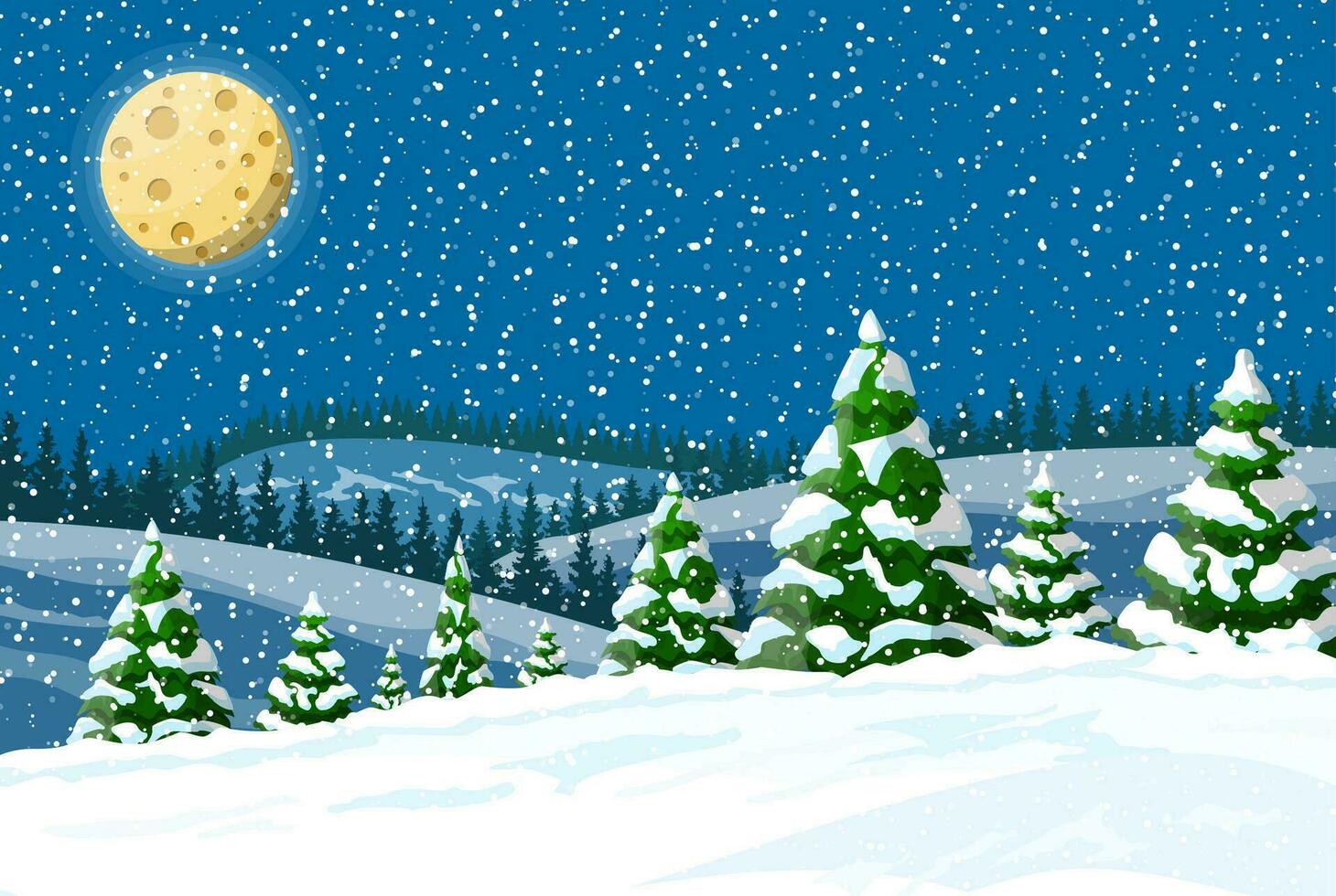 Winter landscape with white pine trees on snow hill in night. Christmas landscape with fir trees forest and snowing. Happy new year celebration. New year xmas holiday. Vector illustration flat style