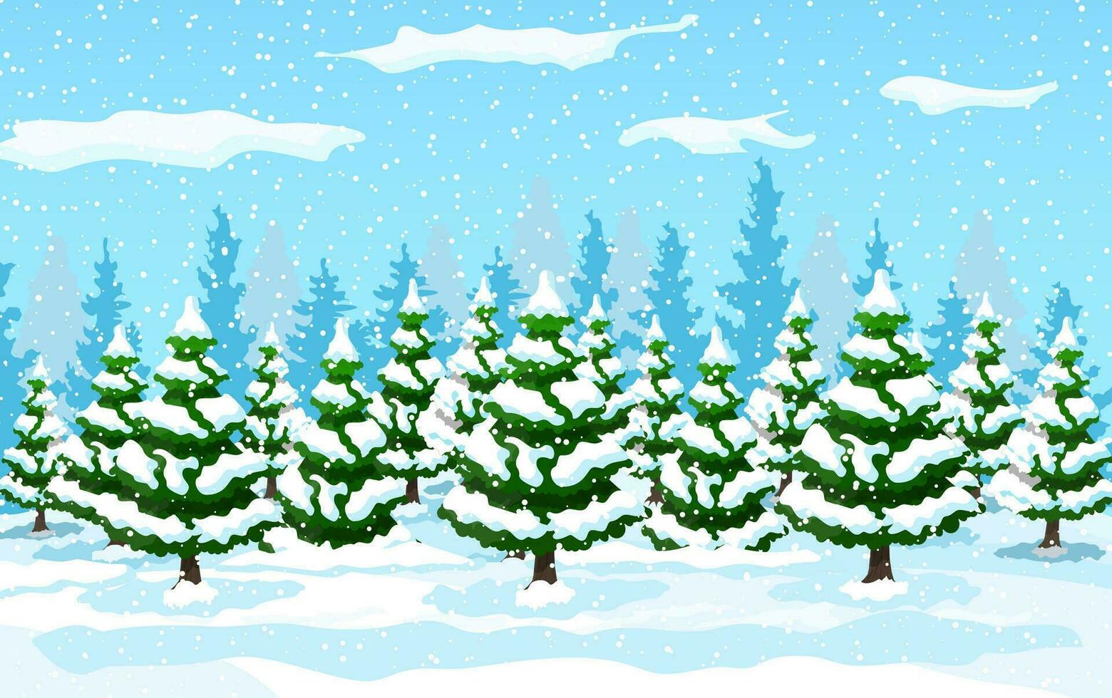Winter landscape with white pine trees on snow hill. Christmas landscape with fir trees forest and snowing. Happy new year celebration. New year xmas holiday. Vector illustration flat style