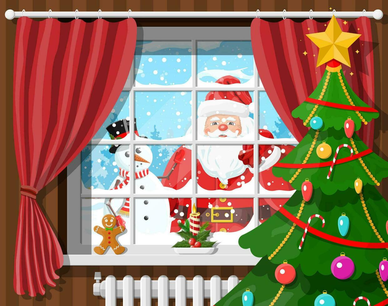 Santa and snowman looks in living room window. Room with christmas tree and gifts. Happy new year decoration. Merry christmas holiday. New year and xmas celebration. Vector illustration flat style