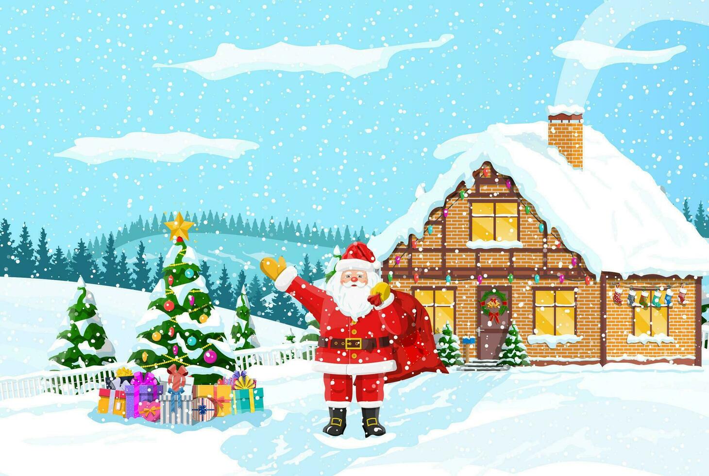 Papa Noel claus regalo bolsa, Navidad árbol casa, invierno paisaje pino bosque nevada. invierno paisaje abeto arboles bosque y nevando nuevo año celebracion Navidad día festivo. vector ilustración plano estilo