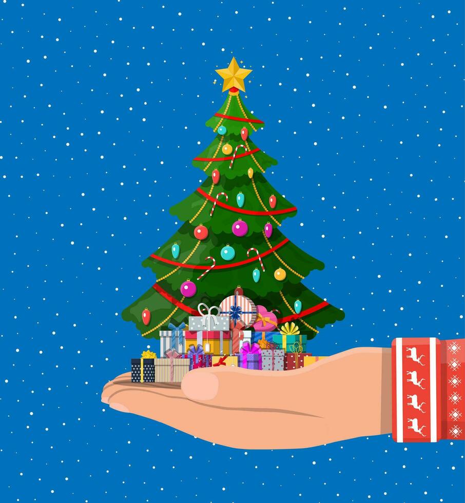 Navidad árbol decorado en mano con vistoso pelotas, guirnalda luces, dorado estrella. un montón de regalo cajas abeto hojas perennes árbol. saludo tarjeta, festivo póster. nuevo año. vector ilustración en plano estilo