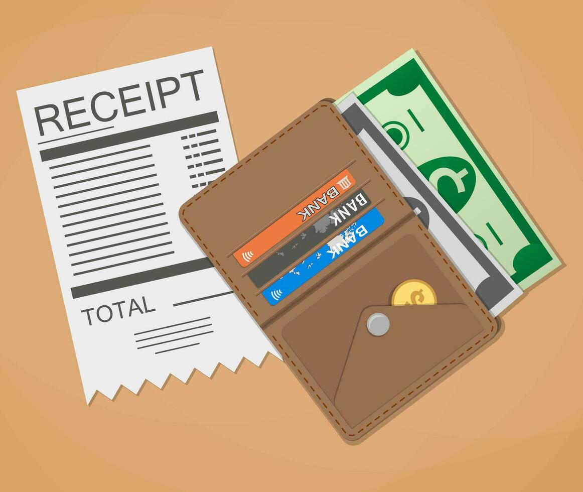 receipt, money cash with dollar banknotes and coins, credit debit bank cards inside of leather wallet. vector illustration in flat design on brown background