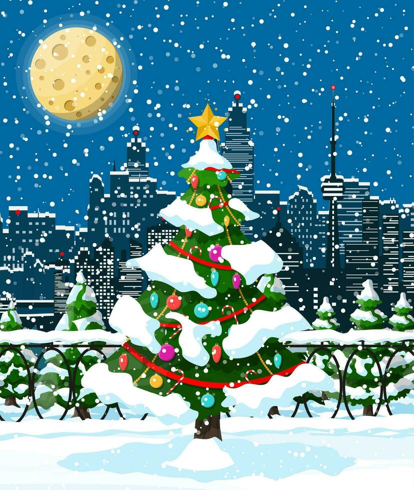 Christmas winter cityscape, snowflakes and trees. City park snow alley and buildings. Happy new year decoration. Merry christmas holiday. New year and xmas celebration. Vector illustration flat style