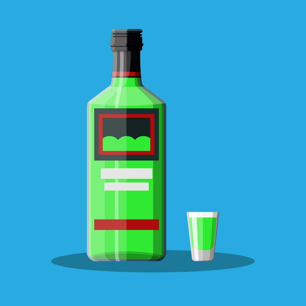 Bottle of absinthe with shot glass. Absinthe alcohol drink. Vector illustration in flat style