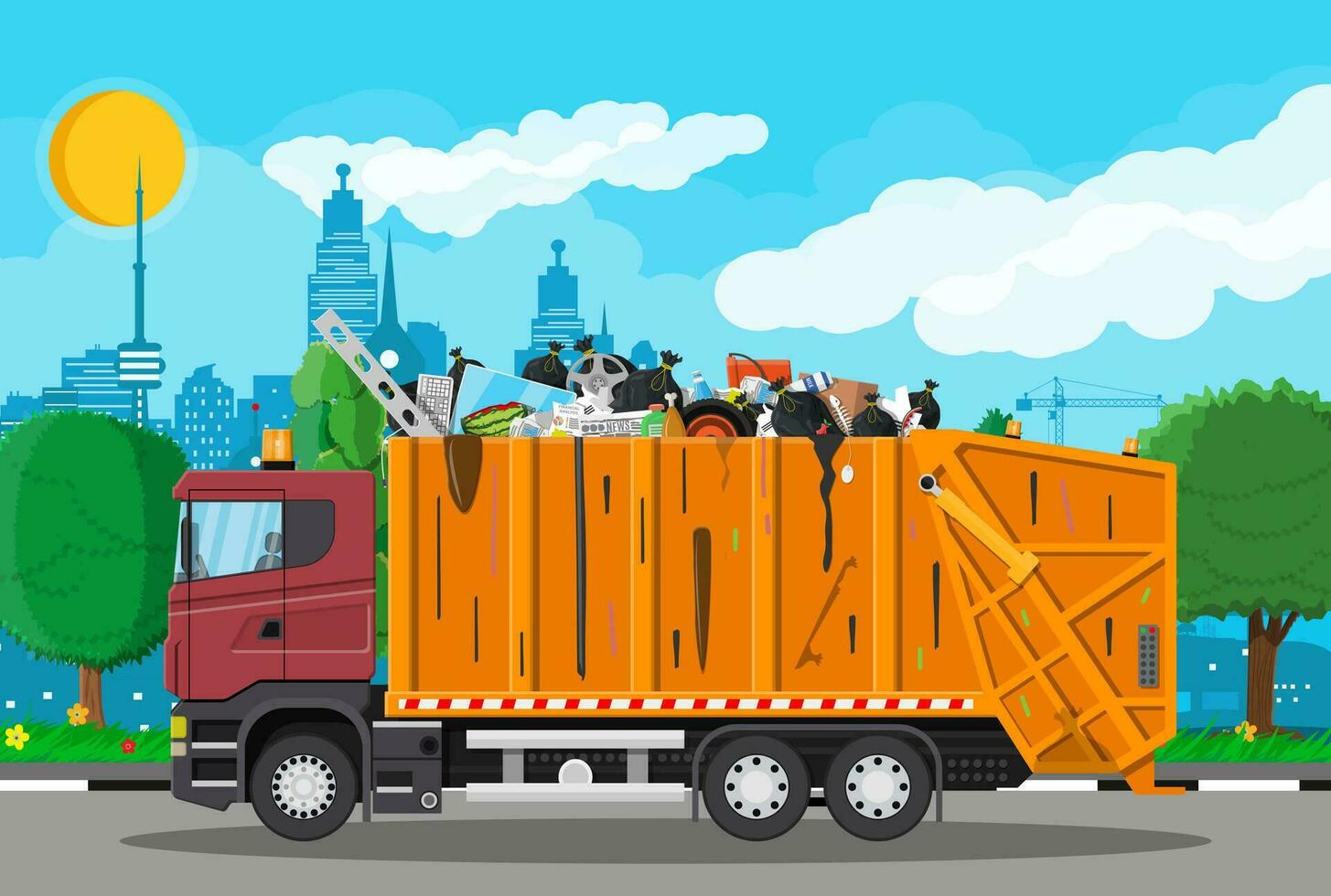 Truck transportation garbage. Car waste disposal. Can container for various garbage. Waste segregation sorting. Recycling and utilization equipment. Waste management. Vector illustration flat style