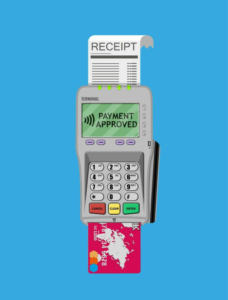 pos Terminal, papel recibo y débito crédito banco tarjeta. sin efectivo pago. vector ilustración en plano diseño en azul antecedentes