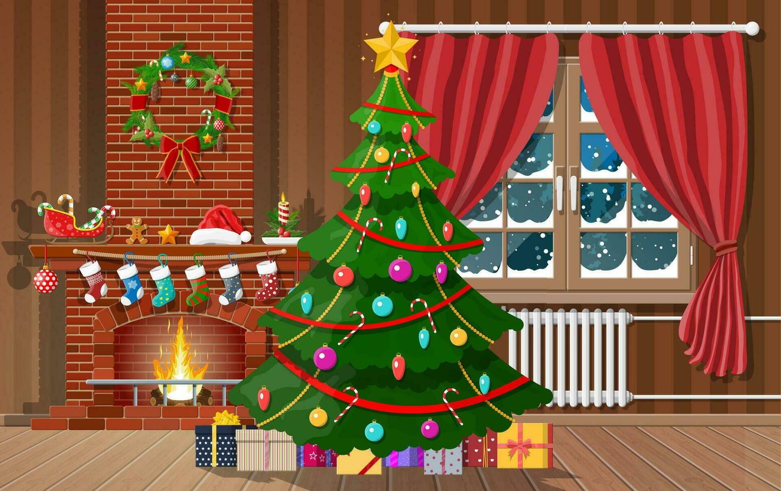 Christmas interior of room with tree, window, gifts and decorated fireplace. Happy new year decoration. Merry christmas holiday. New year and xmas celebration. Vector illustration flat style