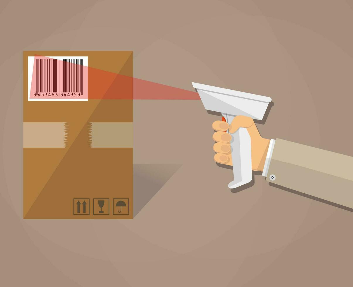 cartoon human hand is scanning a cardboard box with barcode scanner. vector illustration in flat design on brown background