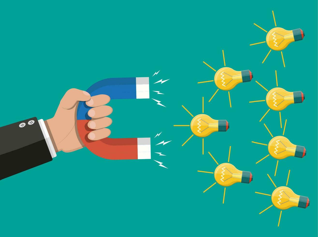 Hand of businessman with magnet attracting light bulbs idea. Concept of creative idea or inspiration. Vector illustration in flat style