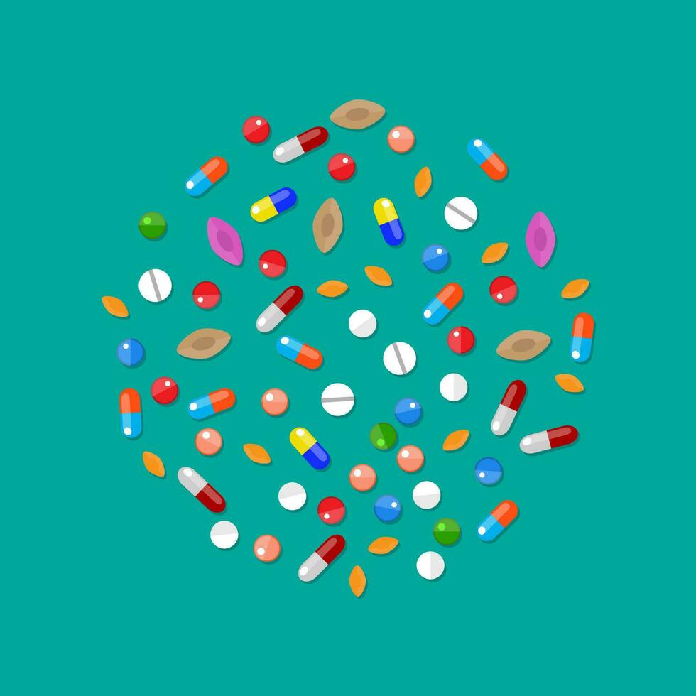 diferente vistoso médico pastillas cápsulas y tabletas en círculo. medicamentos recopilación. vector ilustración en plano estilo