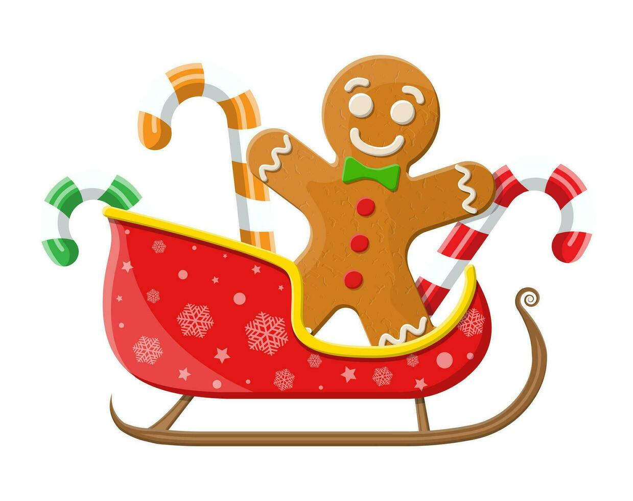 Holiday gingerbread man cookie and candycane in santa sleigh. Cookie in shape of man with colored icing. Merry christmas holiday. New year xmas celebration. Vector illustration flat style