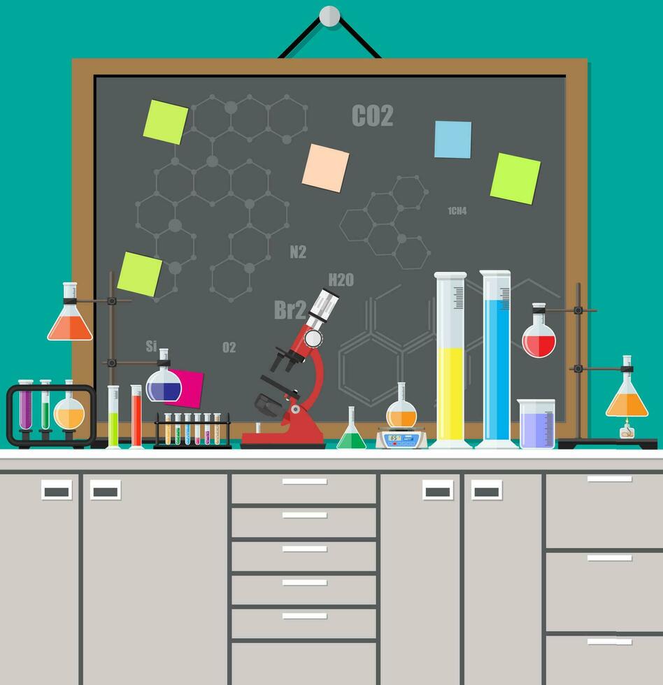 Laboratory equipment, jars, beakers, flasks, microscope, scales, spirit lamp on table. Agenda board. Biology science education medical vector illustration in flat style