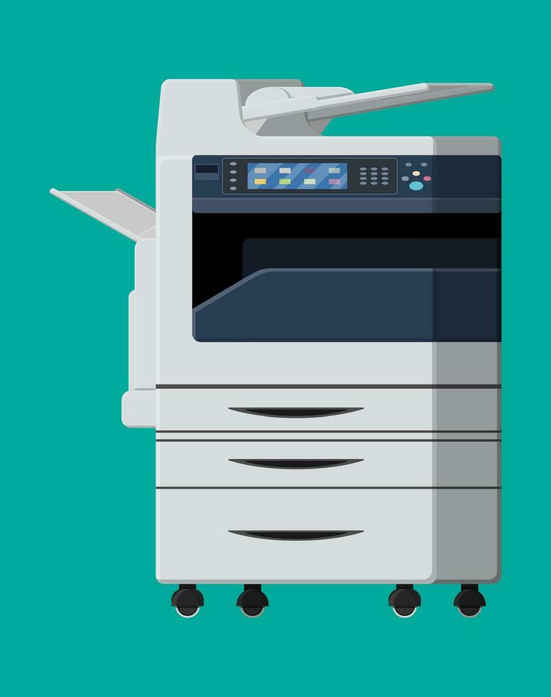 Office multifunction machine. Printer copy scanner device. Proffesional printing station. Vector illustration in flat style