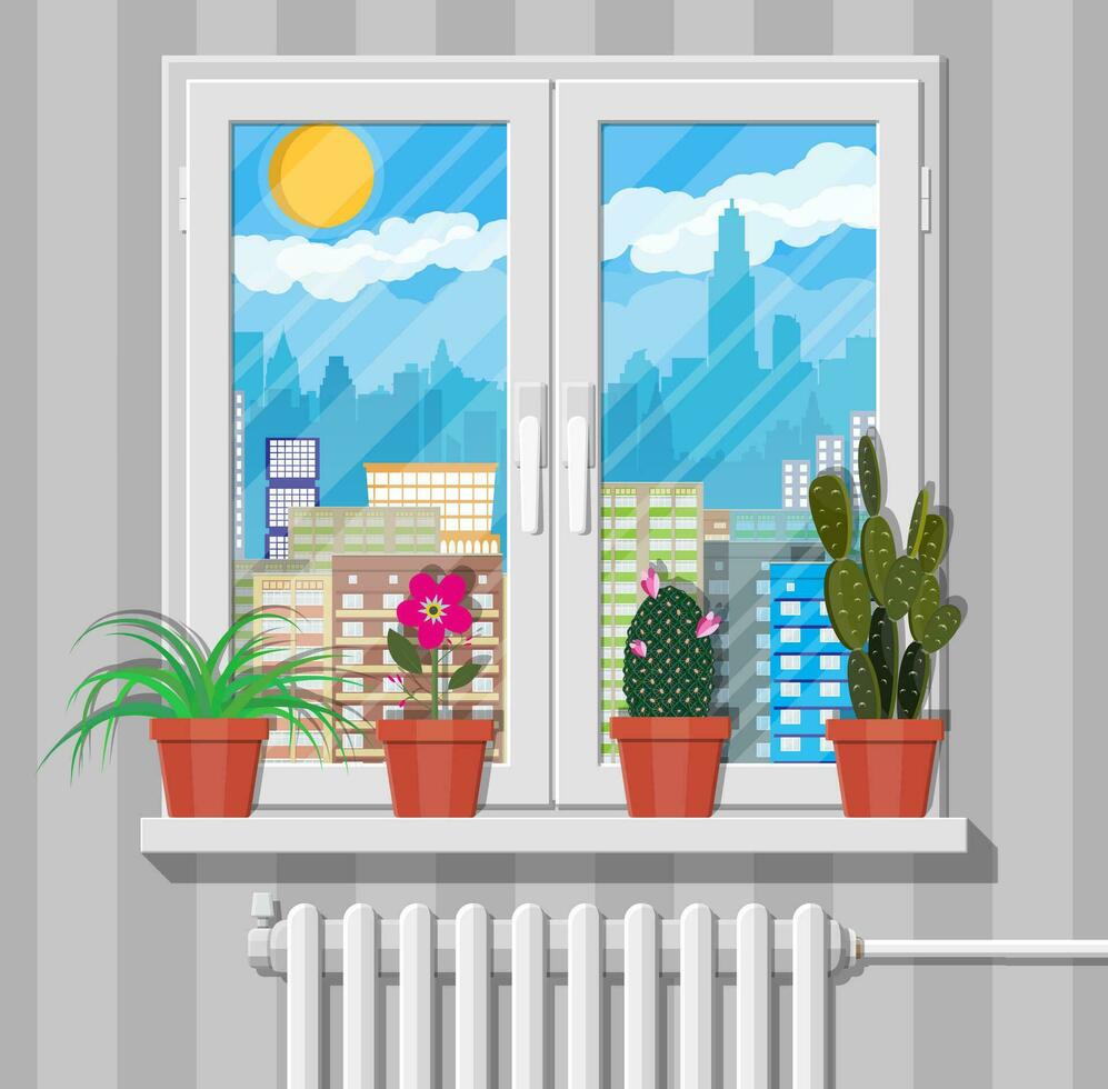 White window with flowers on wall and radiator. City skyline silhouette at day behind window. Skyscappers, towers, office and residental buildings. Sky, clouds, sun. Vector illustration in flat style