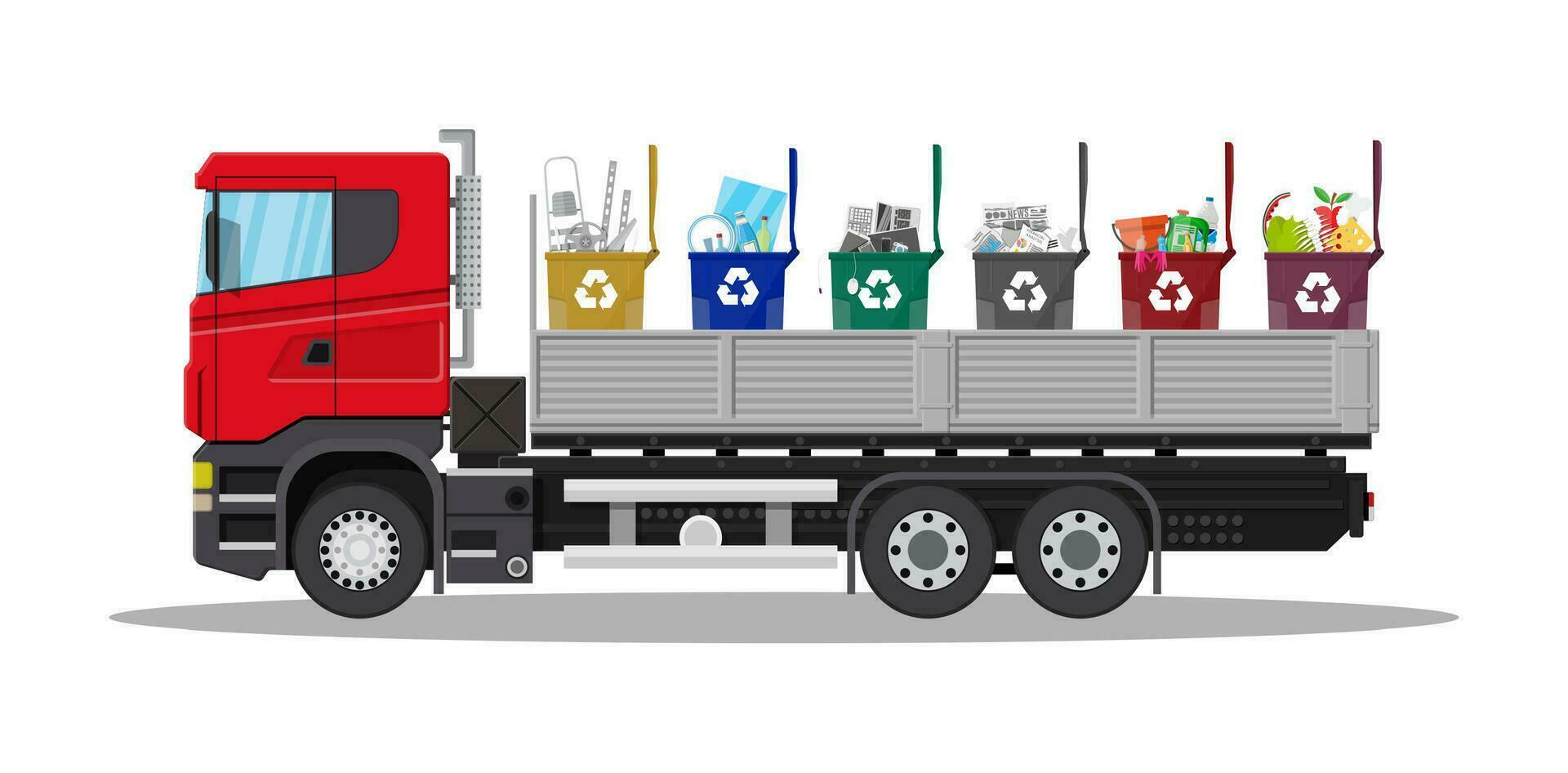 Truck transportation garbage. Car waste disposal. Can container for various garbage. Waste segregation sorting. Recycling and utilization equipment. Waste management. Vector illustration flat style