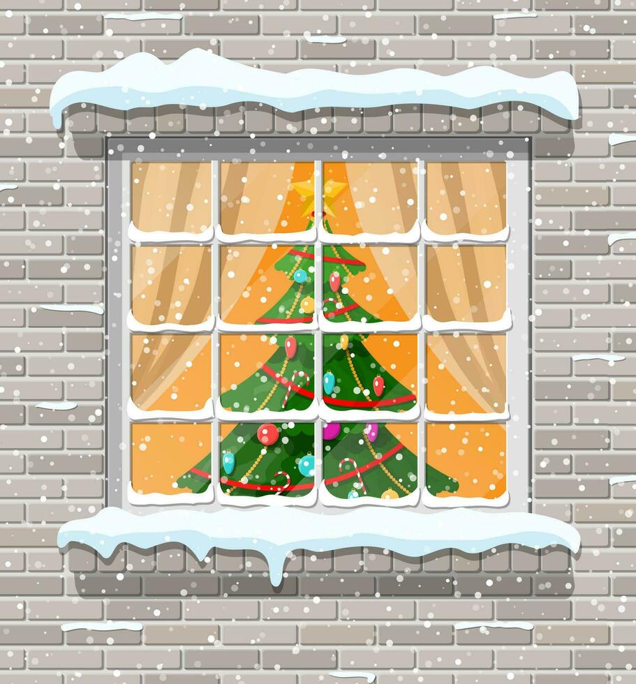 Christmas window in brick wall. Living room with christmas. Happy new year decoration. Merry christmas holiday. New year and xmas celebration. Vector illustration flat style