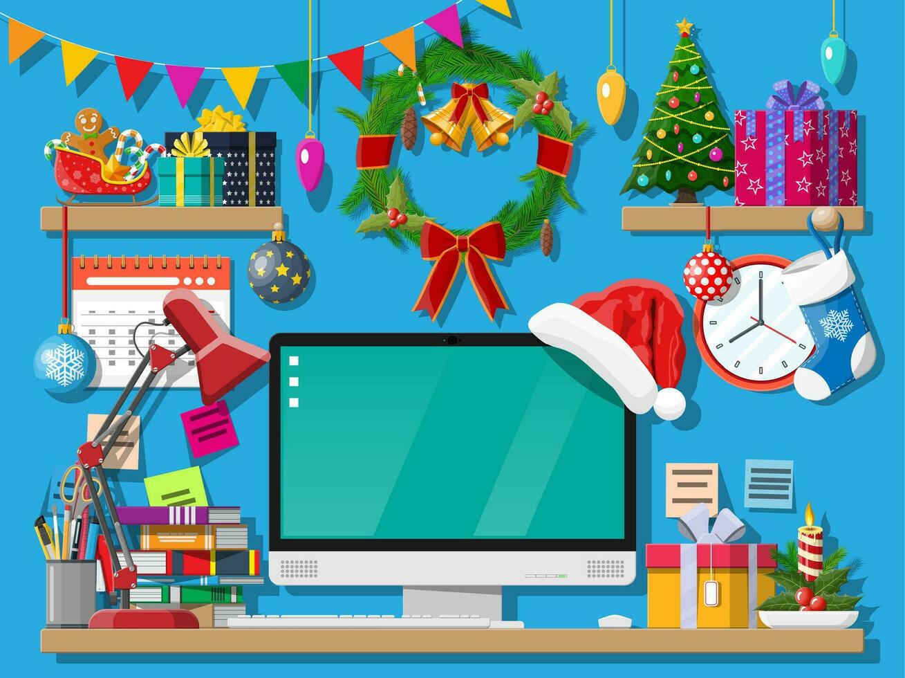 Navidad o nuevo año oficina escritorio espacio de trabajo interior. regalo caja, Navidad árbol, computadora ordenador personal, guirnalda libros relojes calendario. vector ilustración. fiesta Navidad celebracion. vector ilustración plano estilo