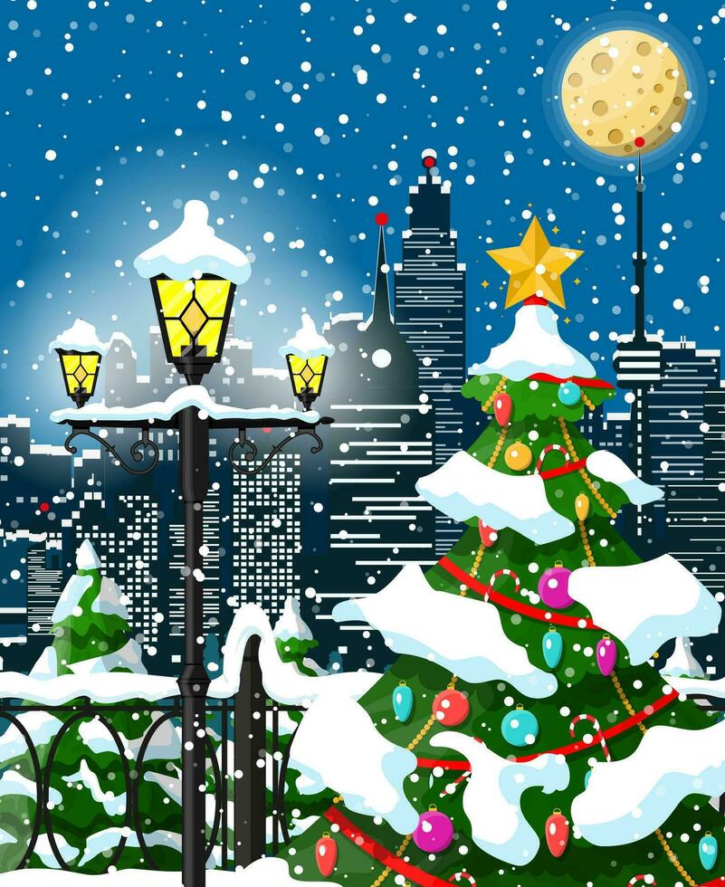 Christmas winter cityscape, snowflakes and trees. City park snow alley and buildings. Happy new year decoration. Merry christmas holiday. New year and xmas celebration. Vector illustration flat style