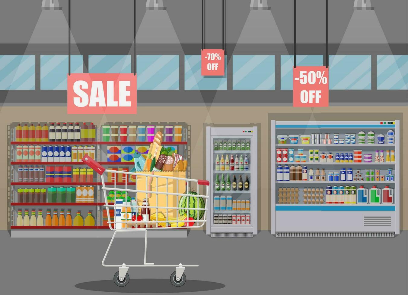 Supermarket store interior with goods. Big shopping mall. Interior store inside. Grocery, drinks, food, fruits, dairy products. Vector illustration in flat style