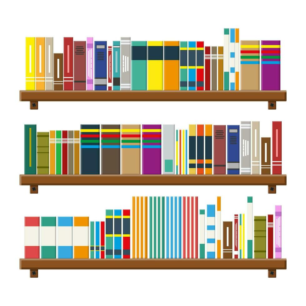 biblioteca de madera libro estante. librero con diferente libros. vector ilustración en plano estilo