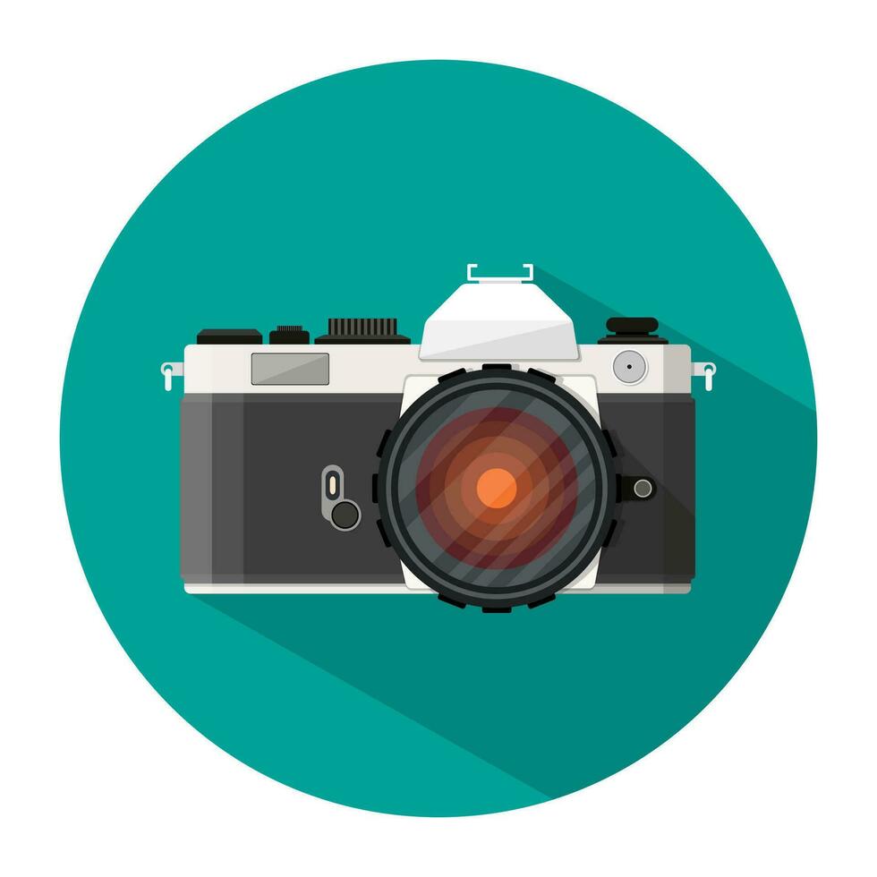 retro photo camera icon with long shadow. vector illustration in flat style isolated on white