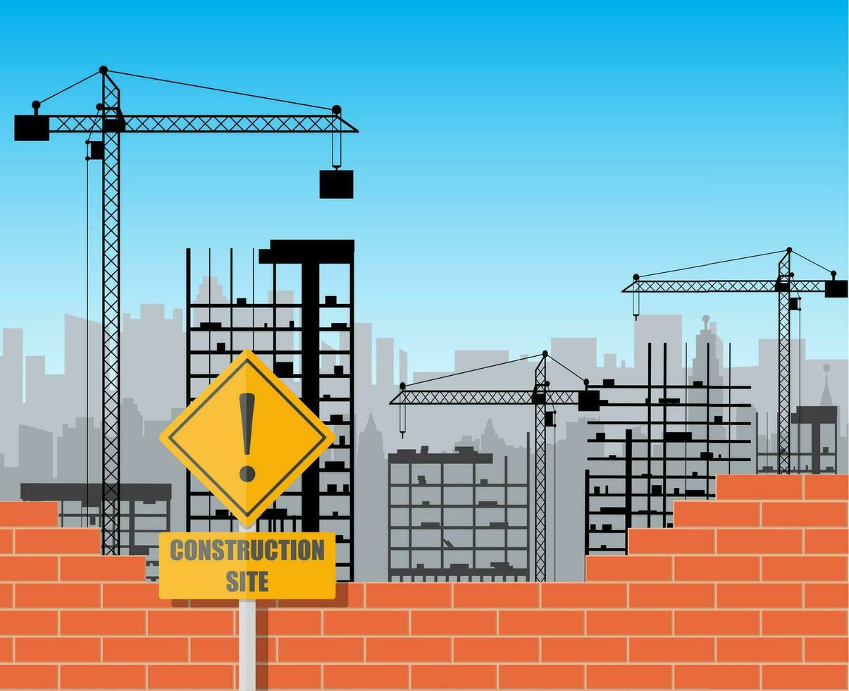 Construction site with buildings and cranes. skyscraper under construction. brick wall. vector illustration