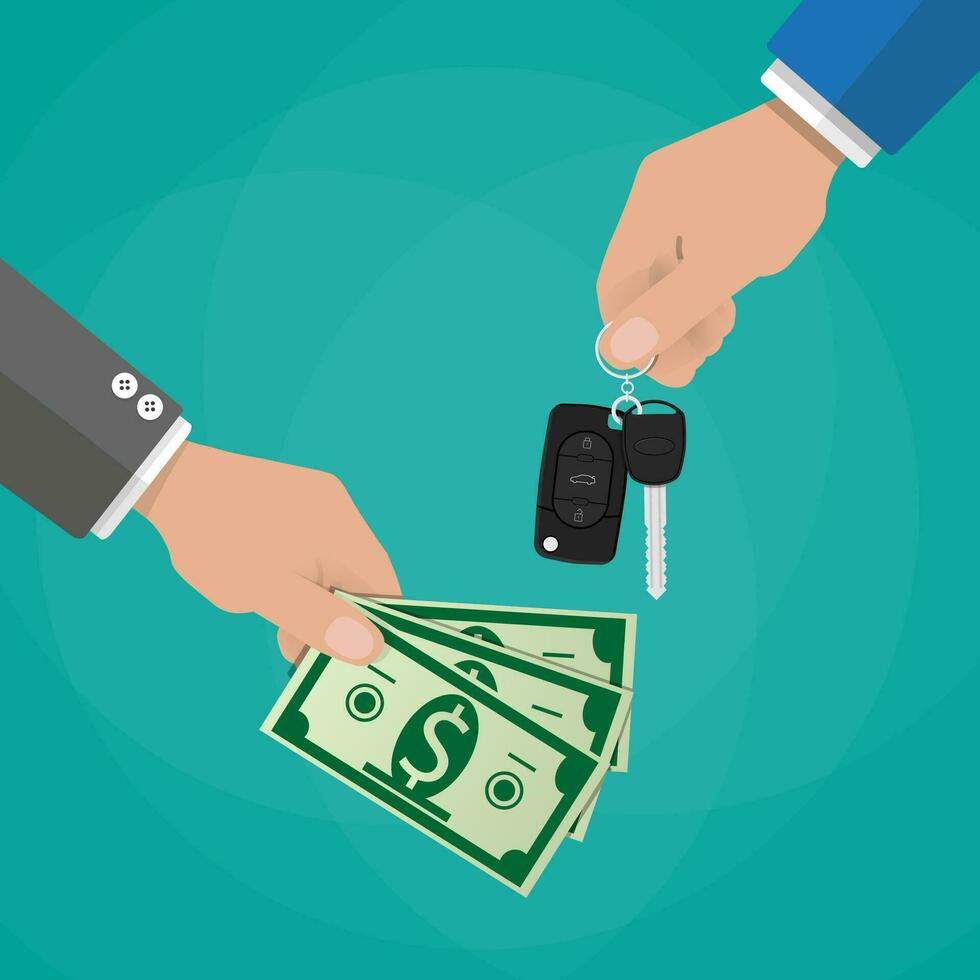 hand gives car keys to another hand with money. buy, rental or lease a car. vector illustration in flat dtyle on green background