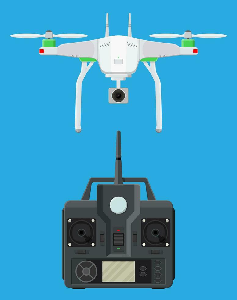 Remote controlled aerial drone. Quadcopter drone with camera for photography or video. Contemporary unmanned aircraft. Remote control panel with display and sticks. Vector illustration in flat style
